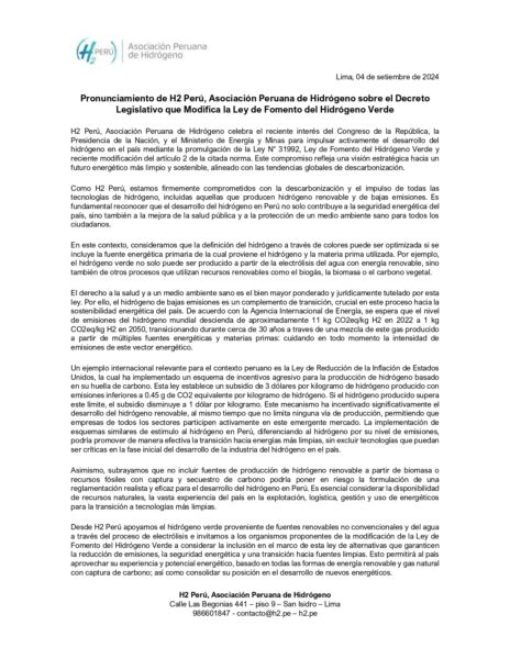 Pronunciamiento de H2 Perú, Asociación Peruana de Hidrógeno sobre el Decreto Legislativo que Modifica la Ley de Fomento del Hidrógeno Verde