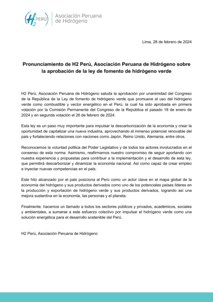 Pronunciamiento de H2 Perú, Asociación Peruana de Hidrógeno sobre la aprobación de la ley de fomento de hidrógeno verde